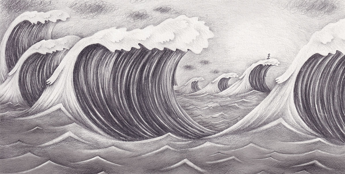 Large waves rise above, on top a silhouette of a dugong surfing to his next destination.