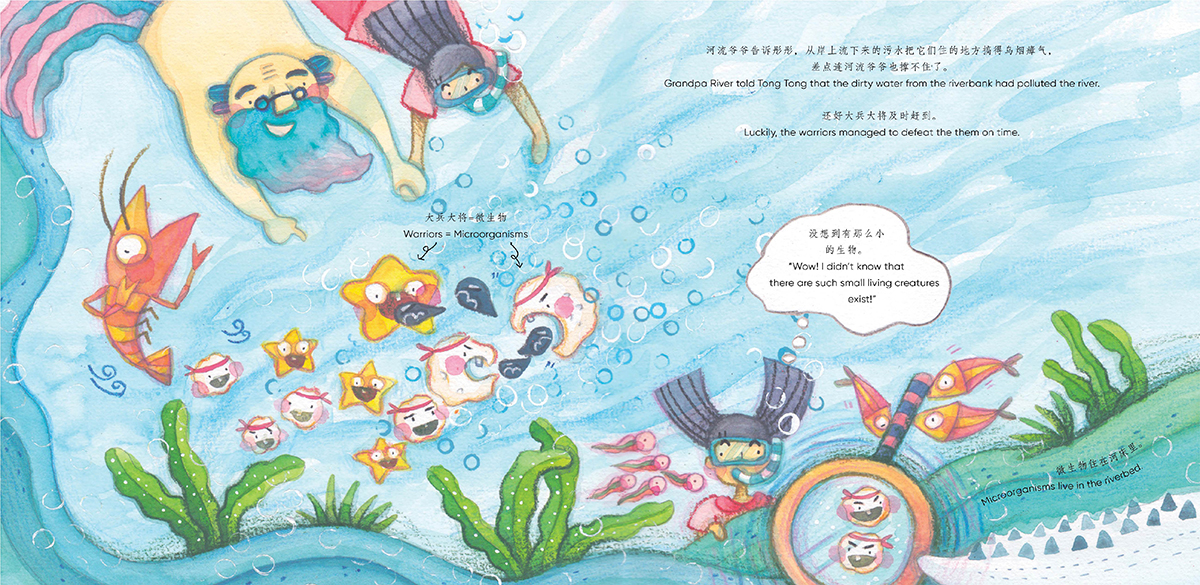 Together with the help of the aquatic creatures, the good bacteria consume the pollution, bringing back the health of river